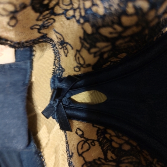 💙 Vtg Victorian Inspired VS Navy Blue Lace & Cream Floral Baclonet Bra - 38DD - Picture 4 of 7